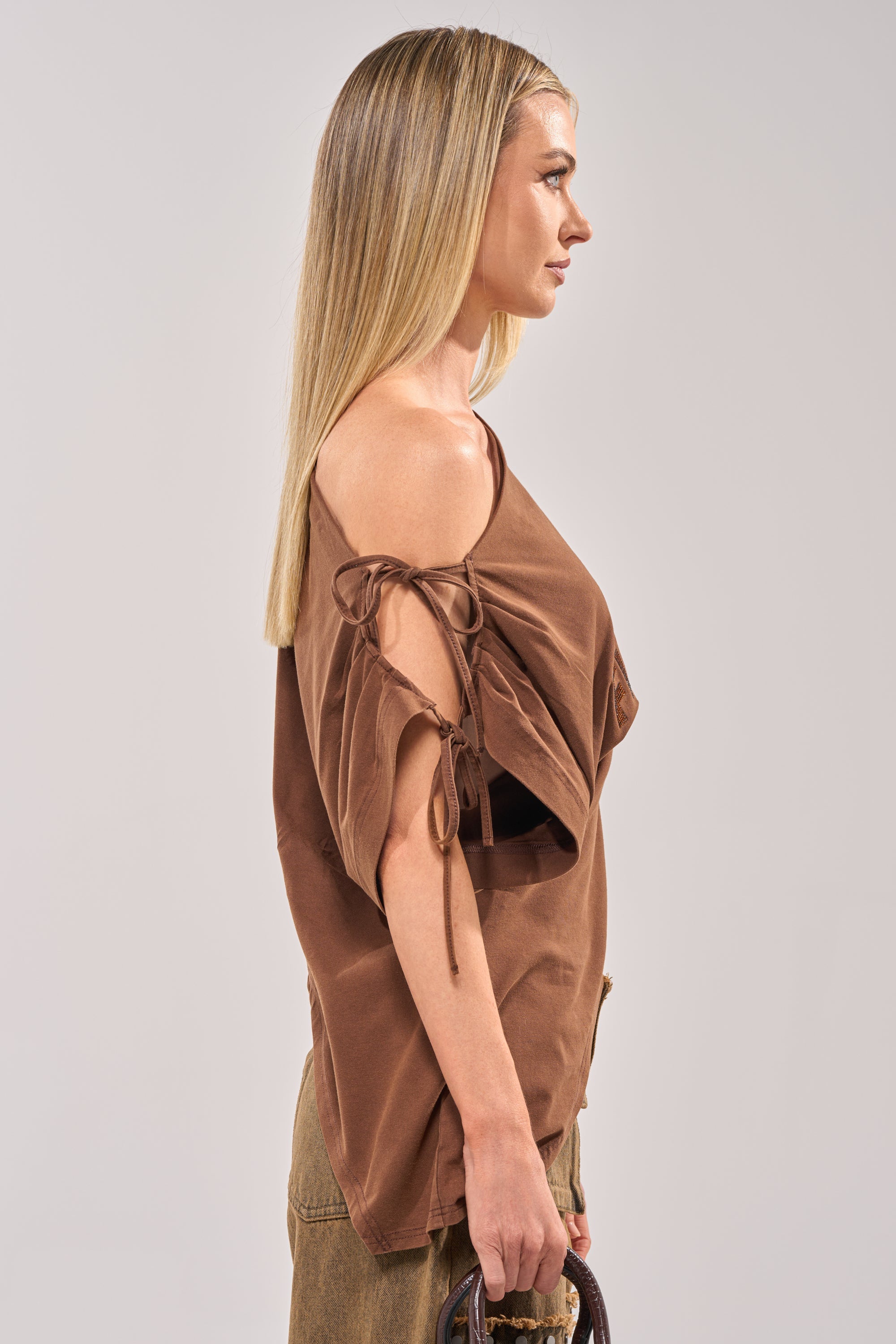 FCK A DAY JOB OFF THE SHOULDER BROWN TEE