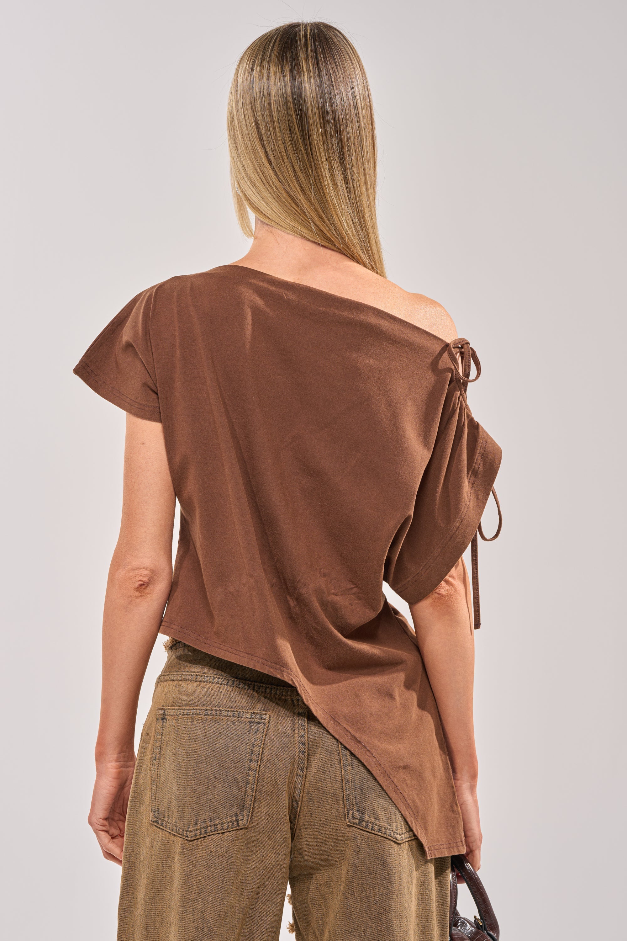 FCK A DAY JOB OFF THE SHOULDER BROWN TEE