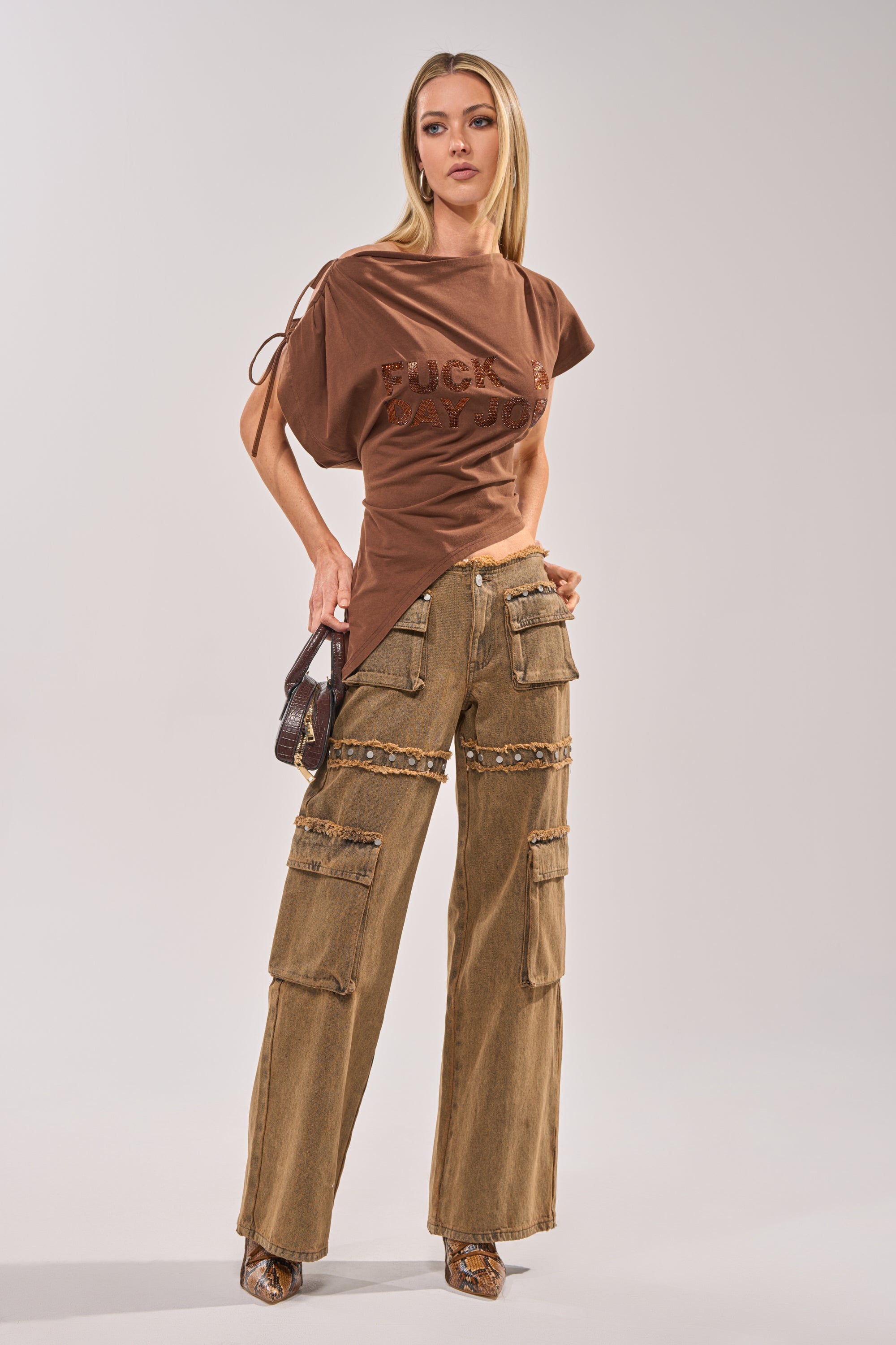 FCK A DAY JOB OFF THE SHOULDER BROWN TEE