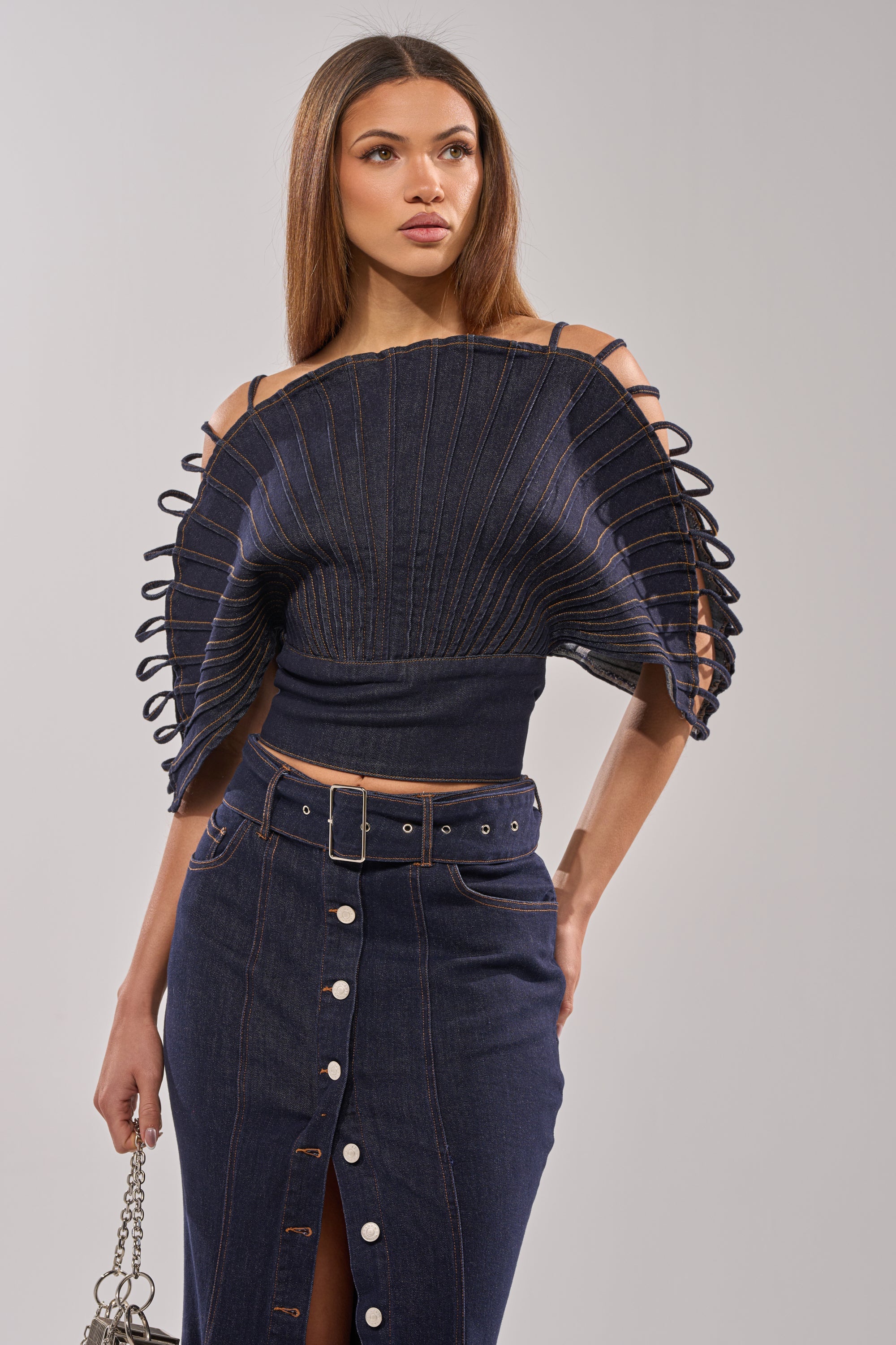 DENIM ON DENIM BLOUSE IN DARK BLUE DENIM