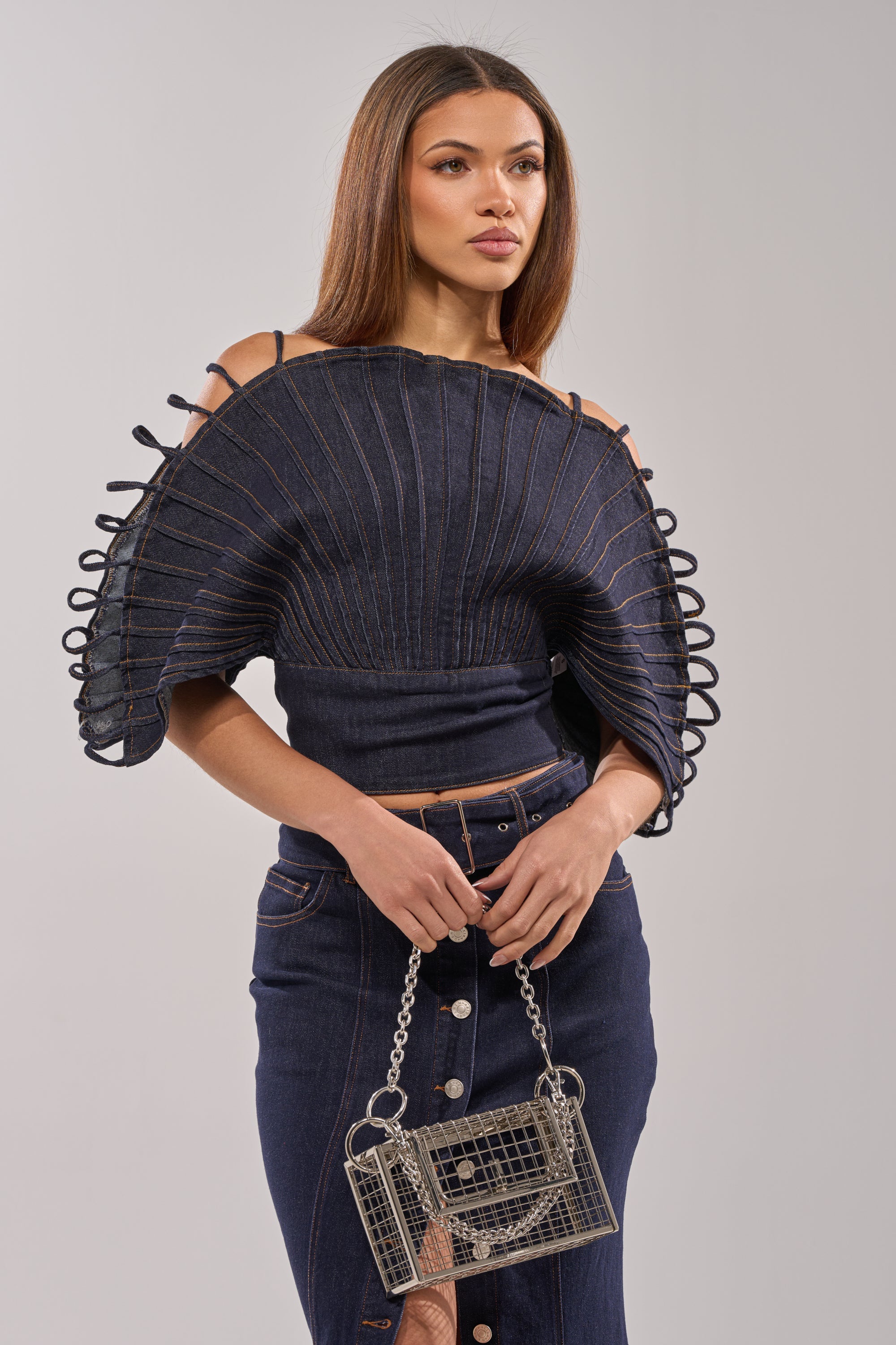 DENIM ON DENIM BLOUSE IN DARK BLUE DENIM