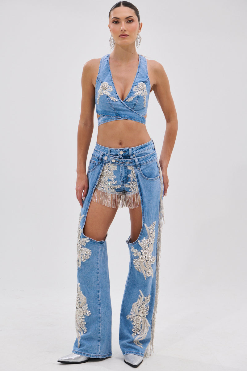 DIVALICIOUS DENIM CHAPS IN LIGHT BLUE