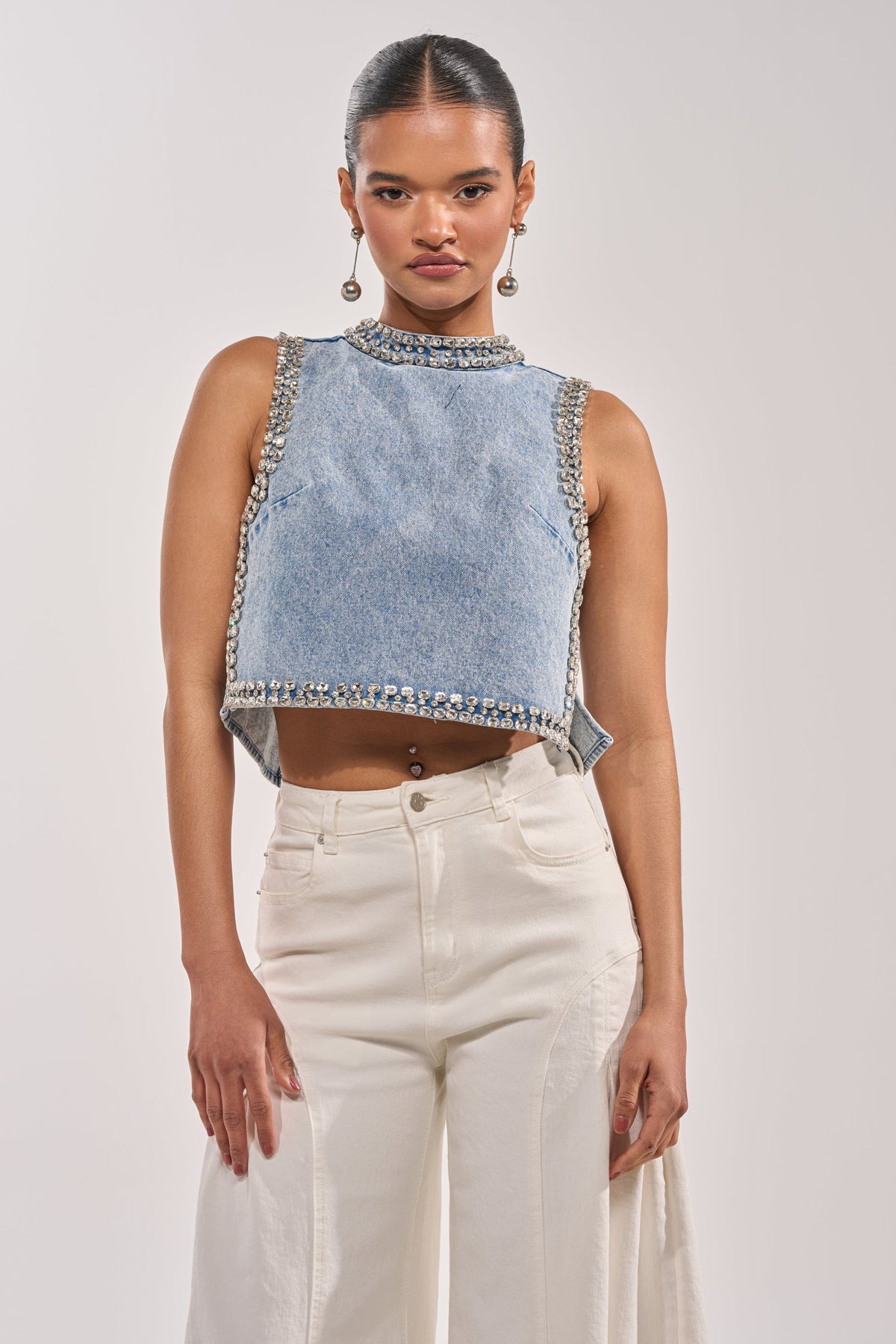POPPING OUT RHINESTONE DENIM BLOUSE