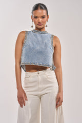 POPPING OUT RHINESTONE DENIM BLOUSE