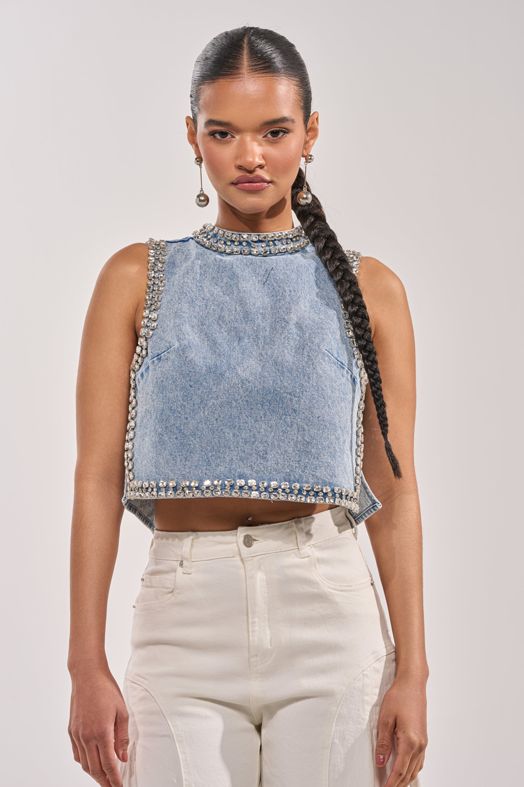 POPPING OUT RHINESTONE DENIM BLOUSE