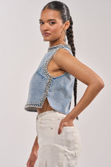 POPPING OUT RHINESTONE DENIM BLOUSE