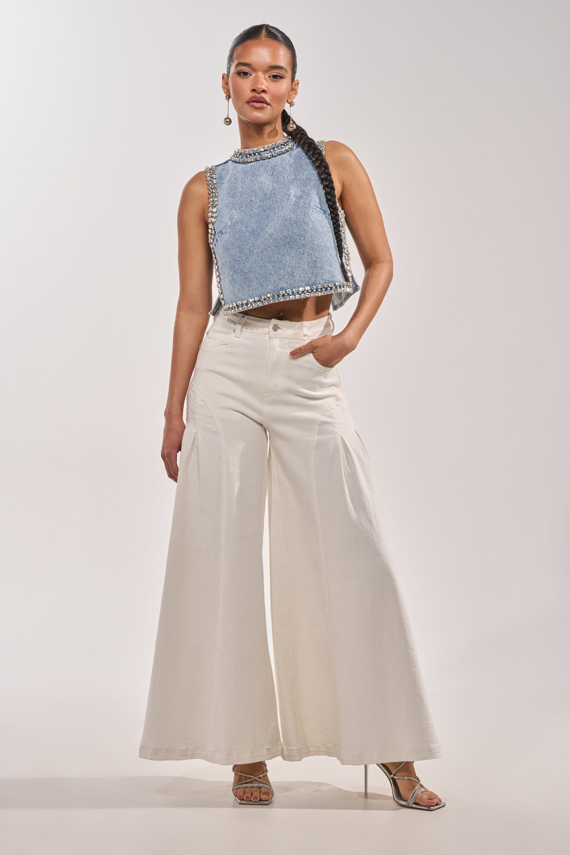 POPPING OUT RHINESTONE DENIM BLOUSE