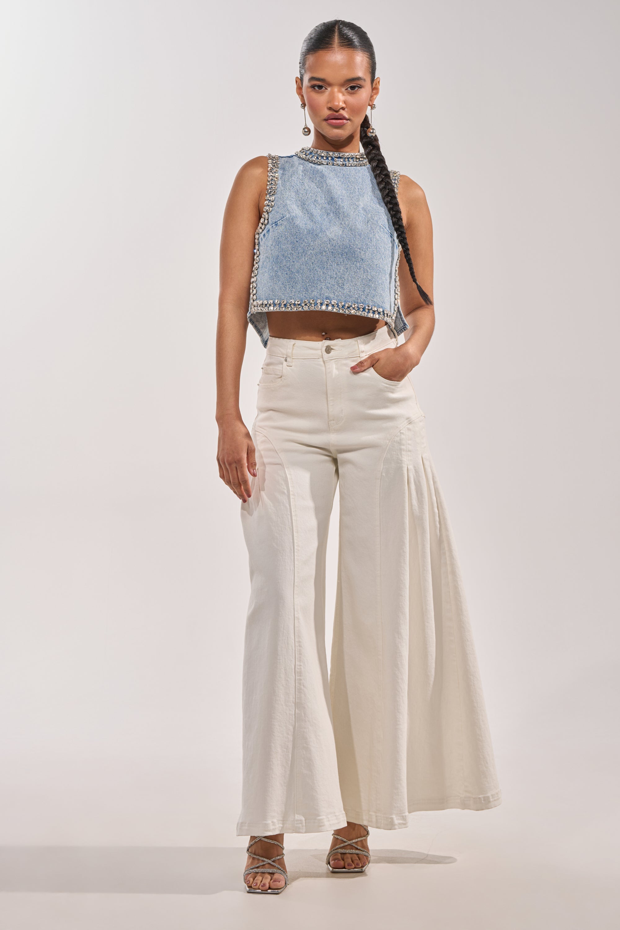 POPPING OUT RHINESTONE DENIM BLOUSE