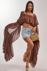 SLOUCHY SQUARE NECK LONG SLEEVE BLOUSE TOP IN BROWN