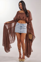 SLOUCHY SQUARE NECK LONG SLEEVE BLOUSE TOP IN BROWN