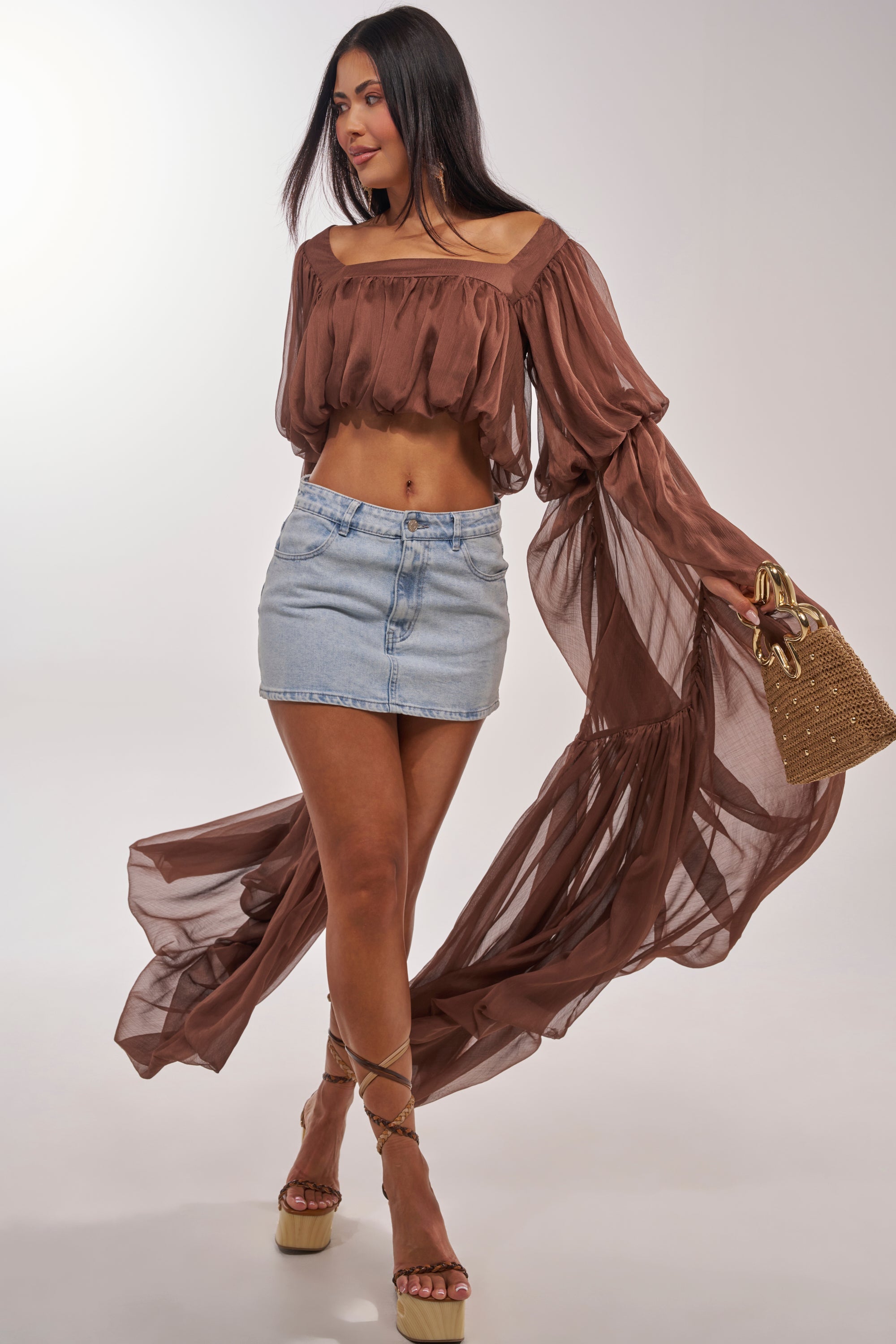 SLOUCHY SQUARE NECK LONG SLEEVE BLOUSE TOP IN BROWN