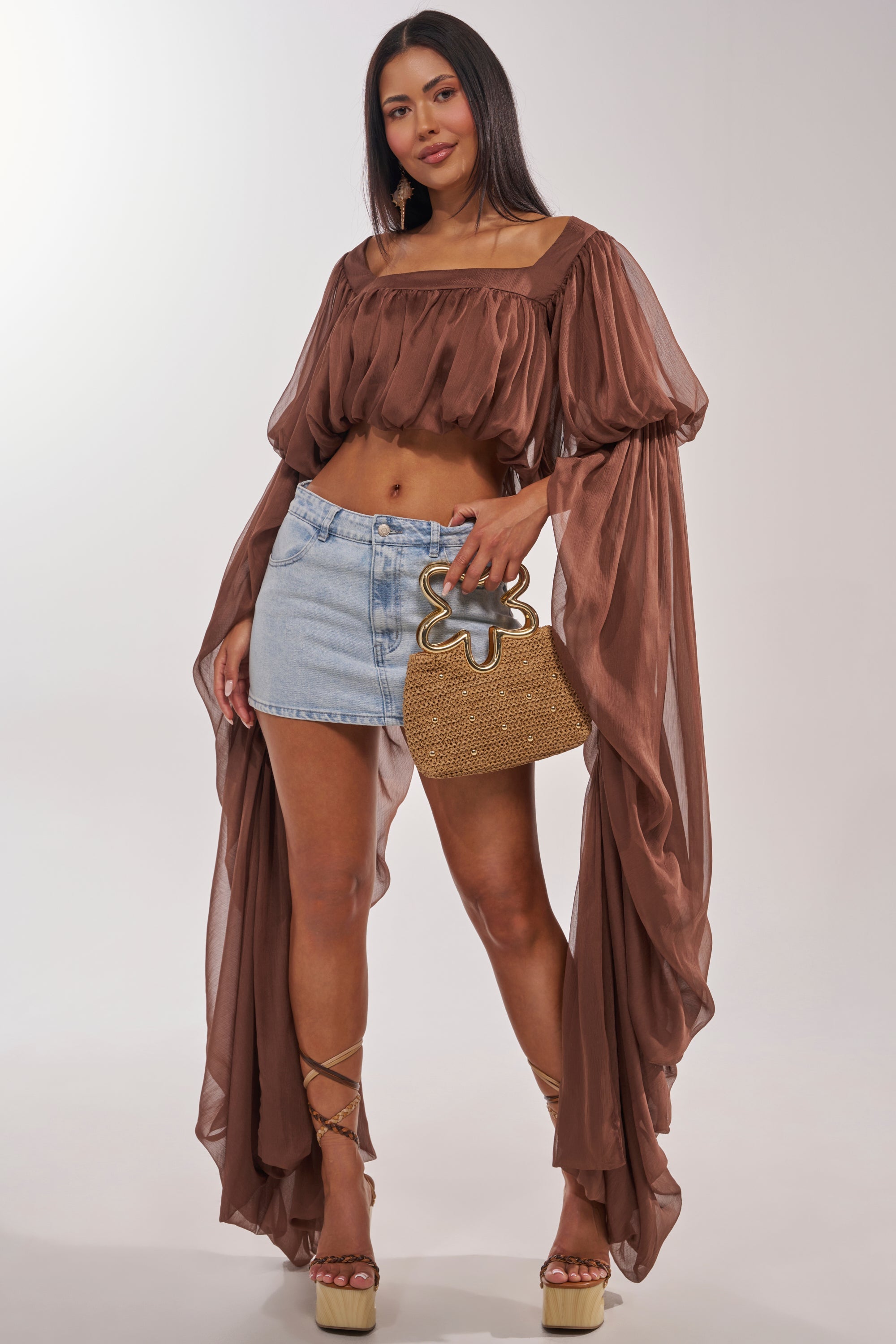 SLOUCHY SQUARE NECK LONG SLEEVE BLOUSE TOP IN BROWN