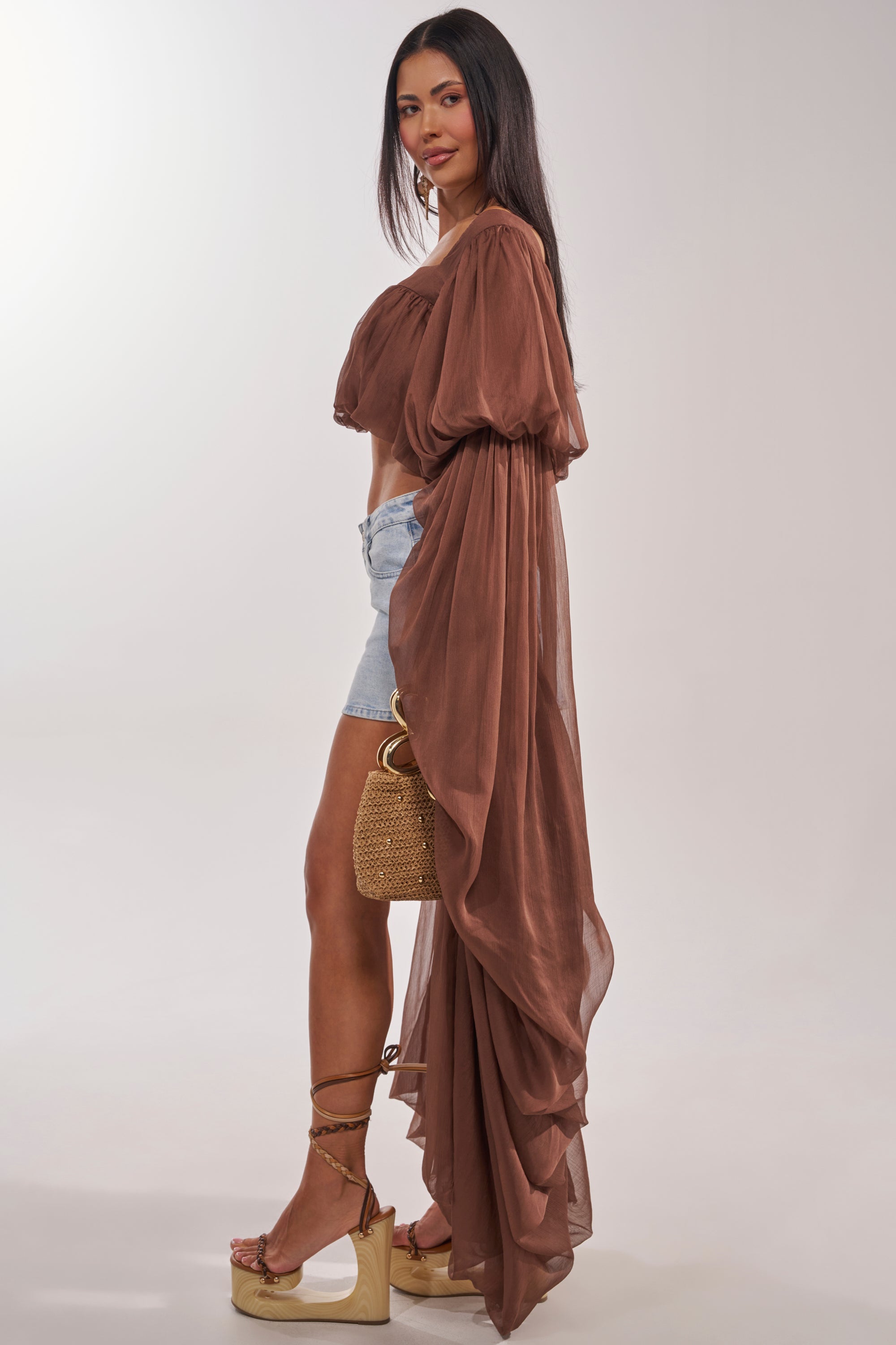 SLOUCHY SQUARE NECK LONG SLEEVE BLOUSE TOP IN BROWN