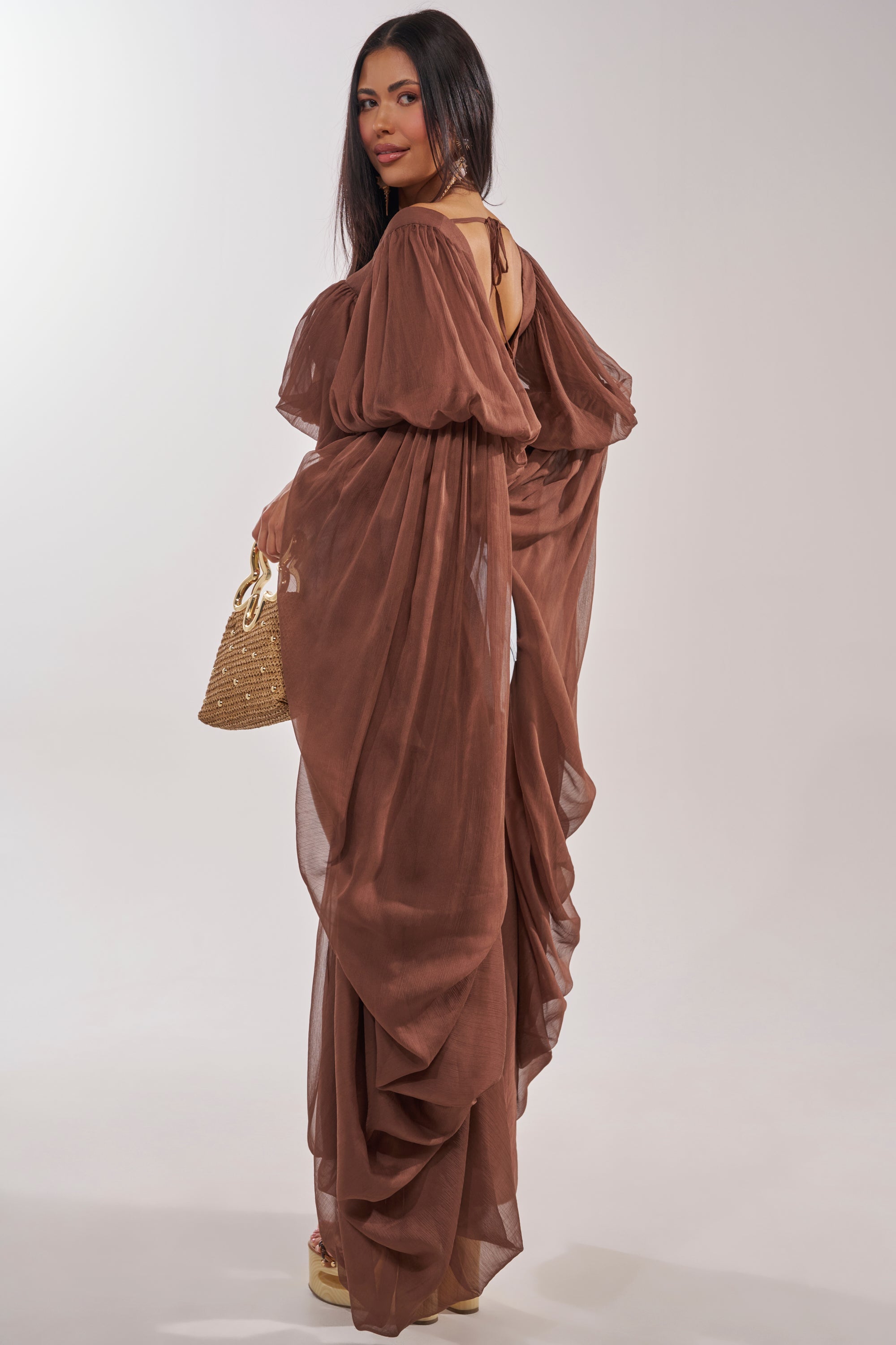 SLOUCHY SQUARE NECK LONG SLEEVE BLOUSE TOP IN BROWN