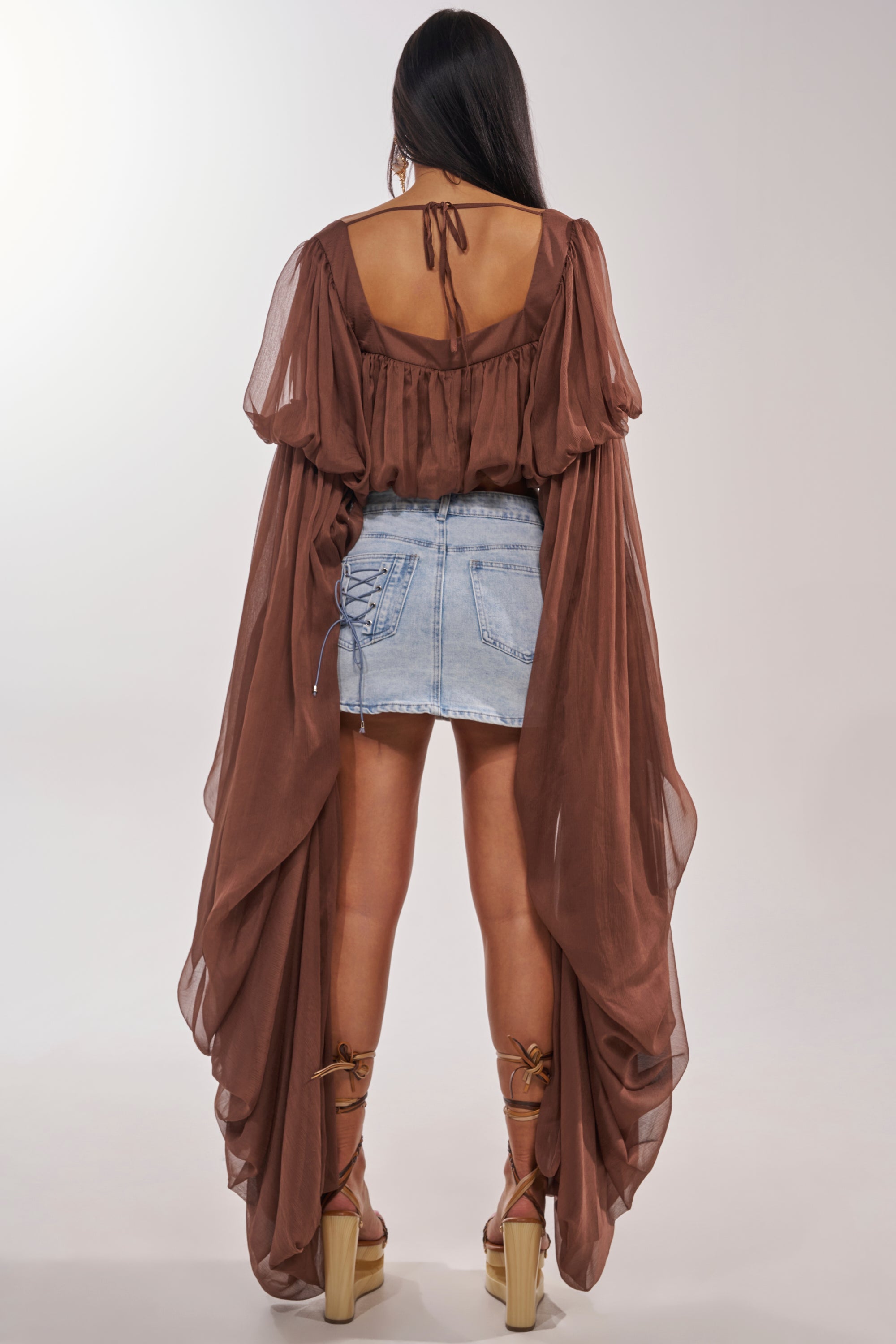 SLOUCHY SQUARE NECK LONG SLEEVE BLOUSE TOP IN BROWN