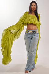 SLOUCHY SQUARE NECK LONG SLEEVE BLOUSE TOP IN CHARTREUSE