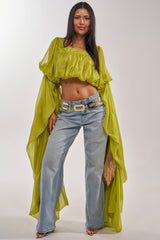 SLOUCHY SQUARE NECK LONG SLEEVE BLOUSE TOP IN CHARTREUSE