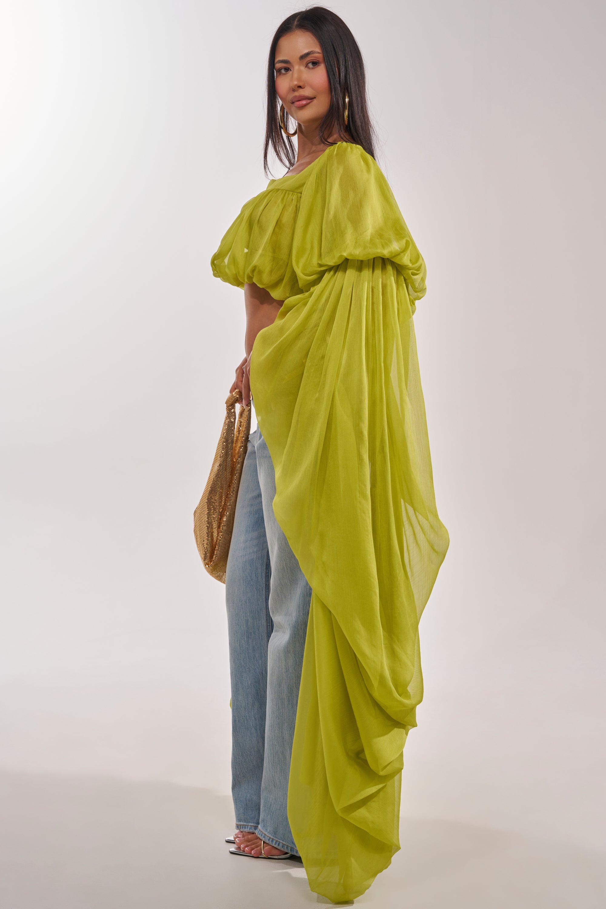 SLOUCHY SQUARE NECK LONG SLEEVE BLOUSE TOP IN CHARTREUSE