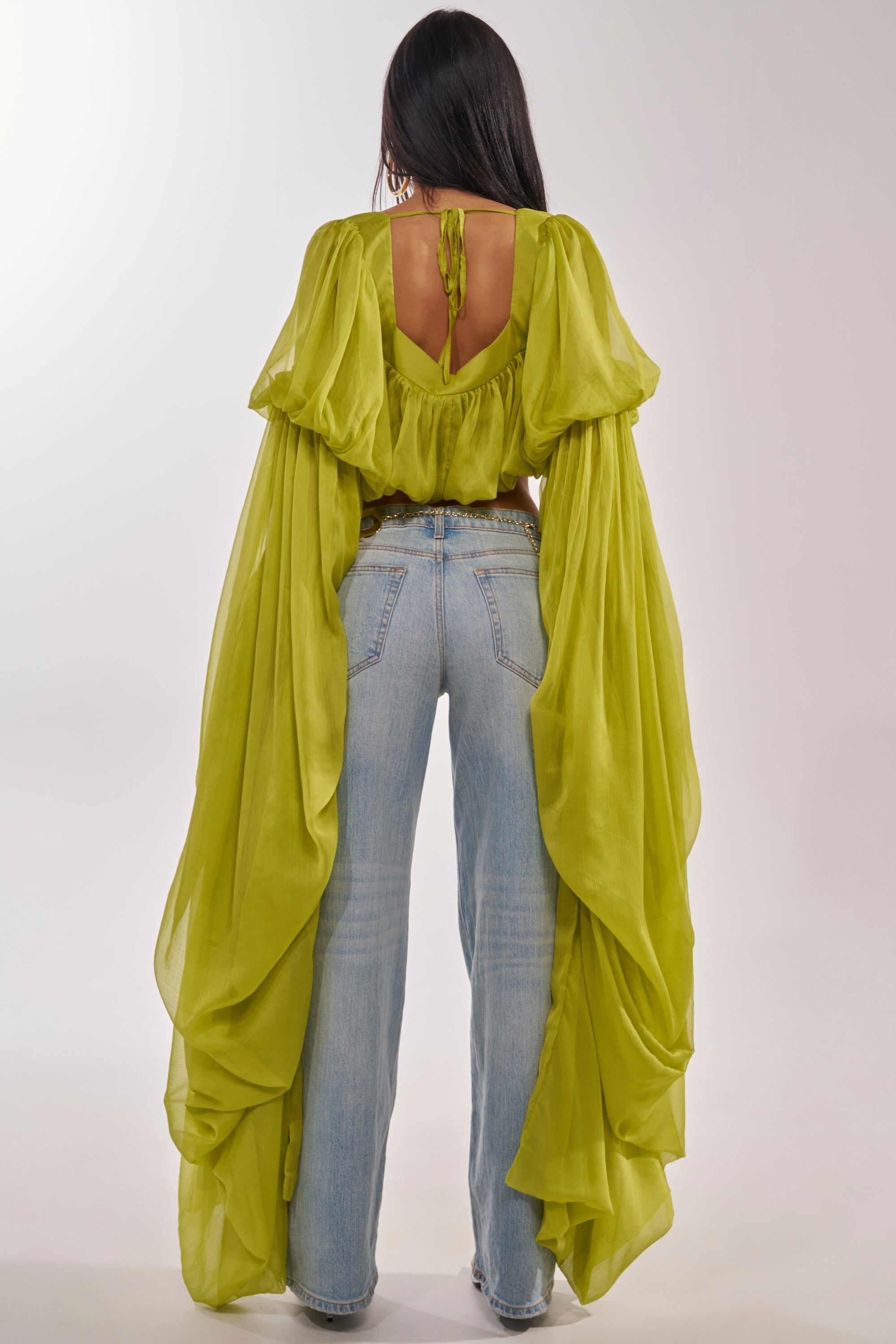 SLOUCHY SQUARE NECK LONG SLEEVE BLOUSE TOP IN CHARTREUSE