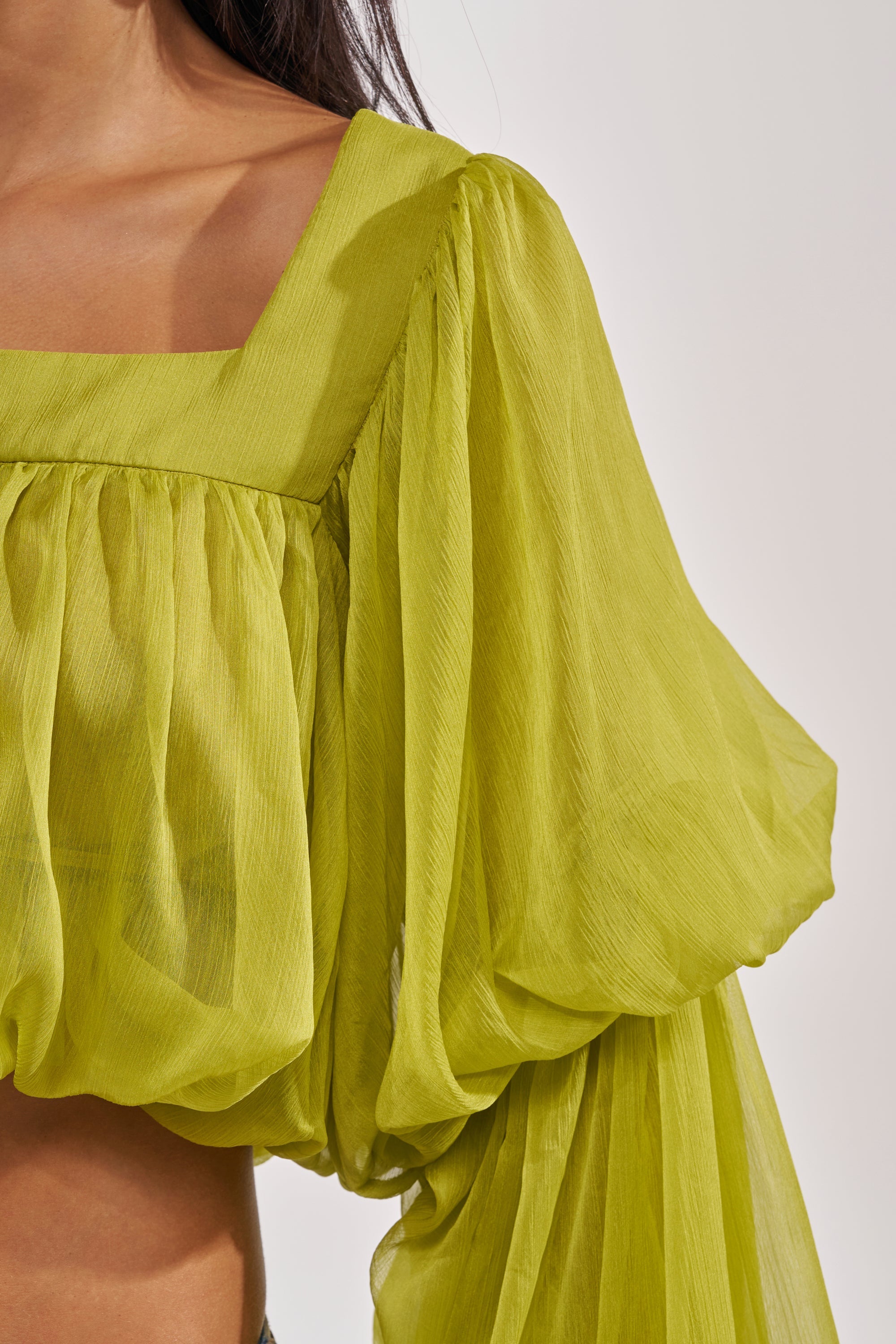 SLOUCHY SQUARE NECK LONG SLEEVE BLOUSE TOP IN CHARTREUSE