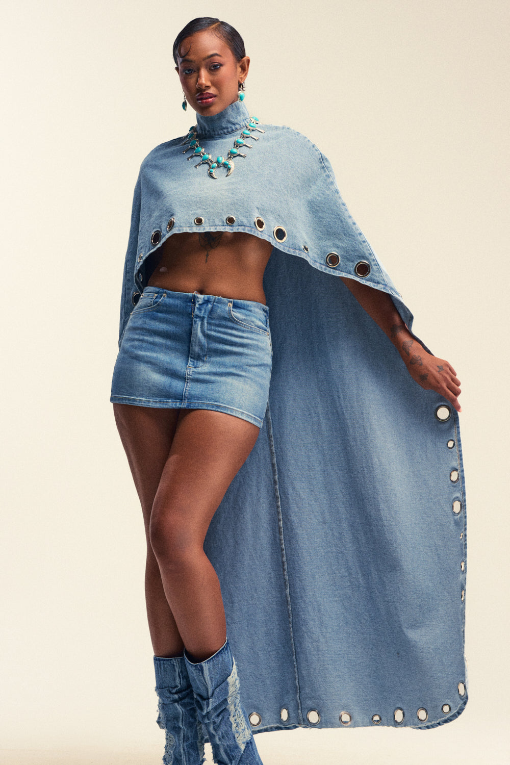 IN YOUR DREAMS DENIM CAPE WITH GROMMETS