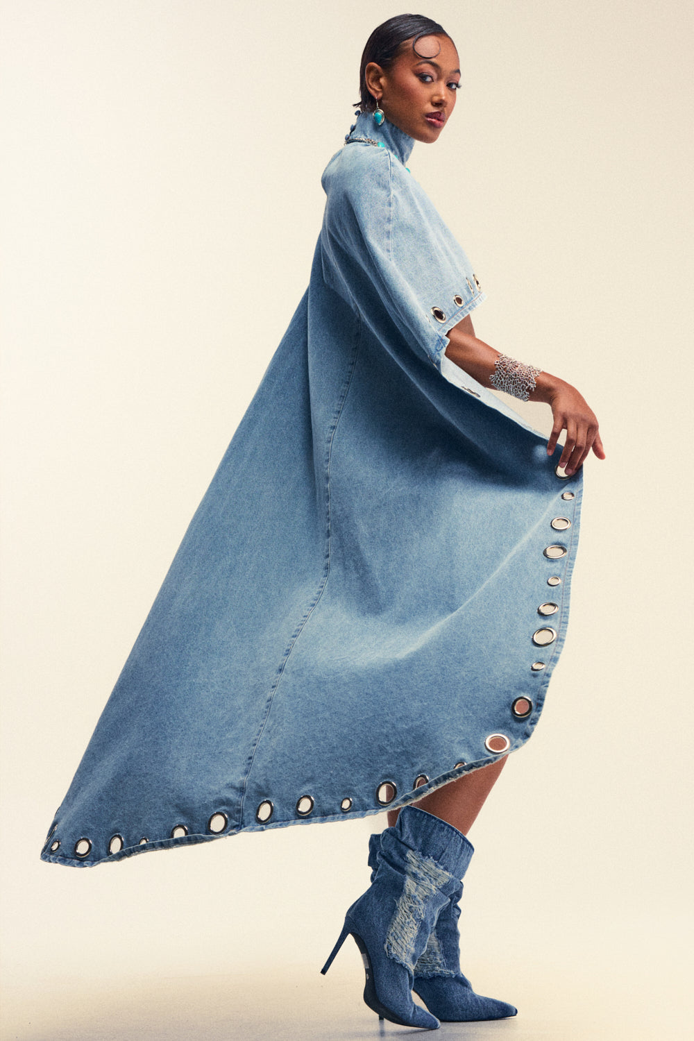IN YOUR DREAMS DENIM CAPE WITH GROMMETS