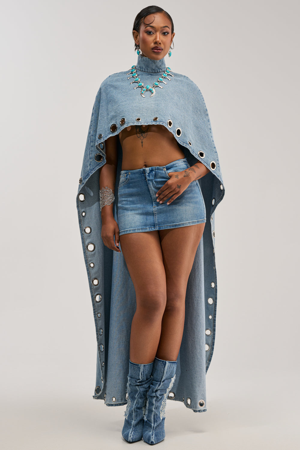 IN YOUR DREAMS DENIM CAPE WITH GROMMETS