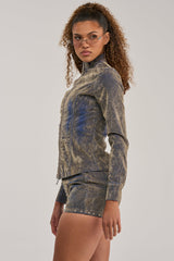 BURNT OUT ZIP UP BLOUSE