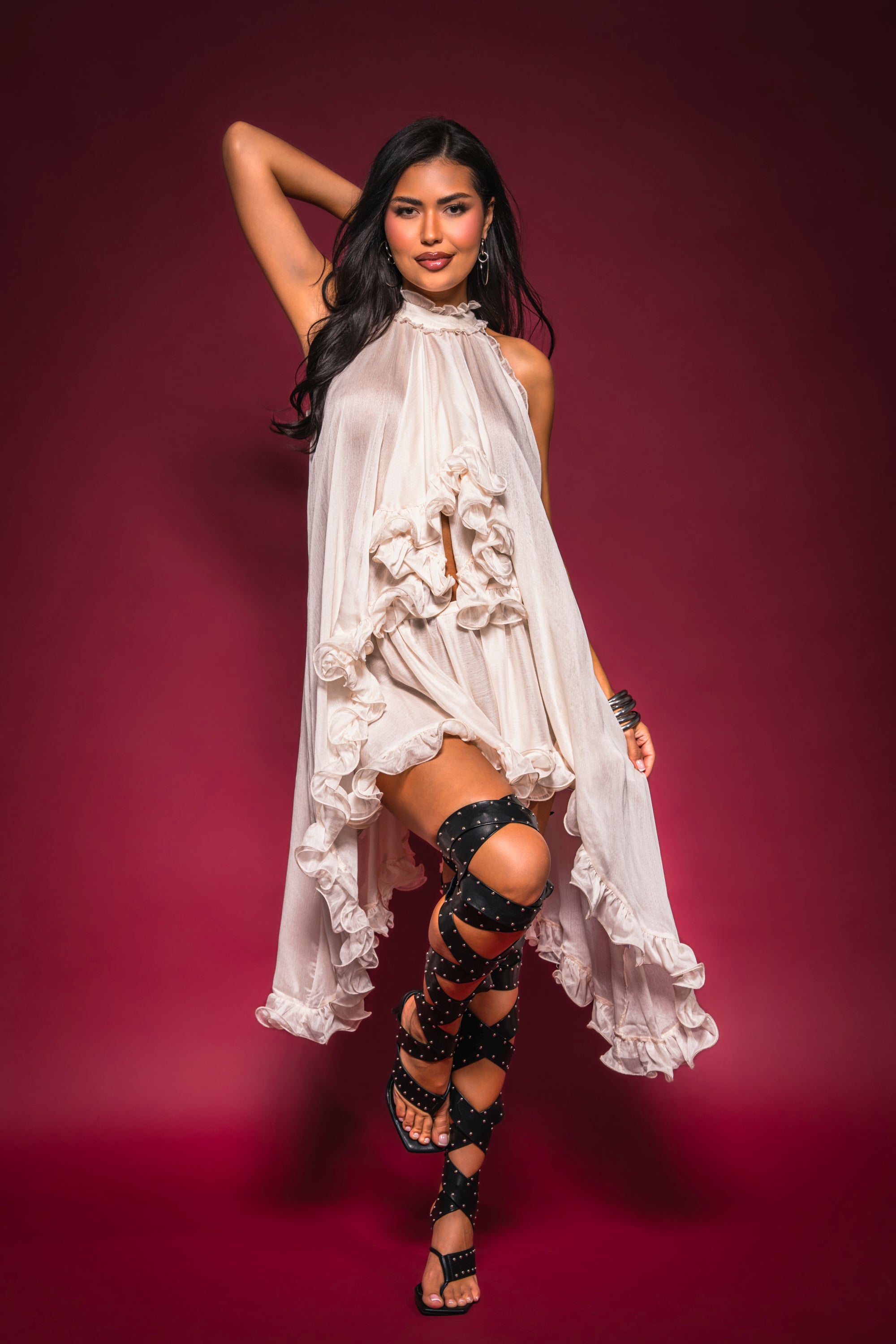 TALK TO ME HIGH LOW MESH BLOUSE