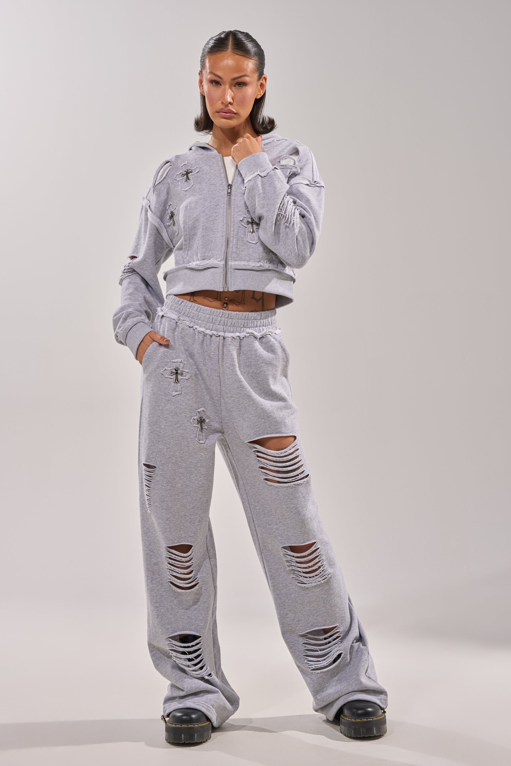 CROSSED OUT DISTRESSED ZIP UP SWEATSHIRT