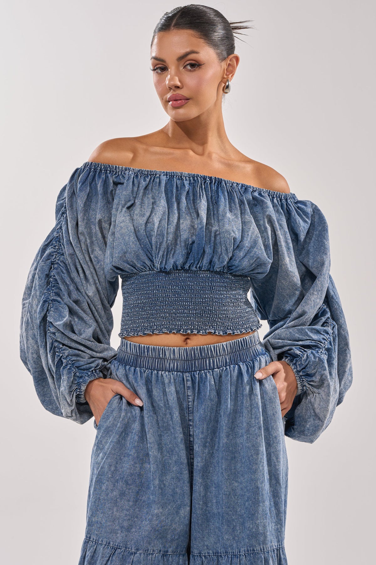 DENIM FOR DAYS OFF THE SHOULDER TOP