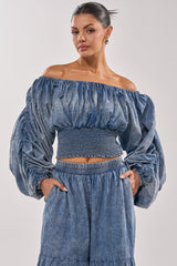DENIM FOR DAYS OFF THE SHOULDER TOP