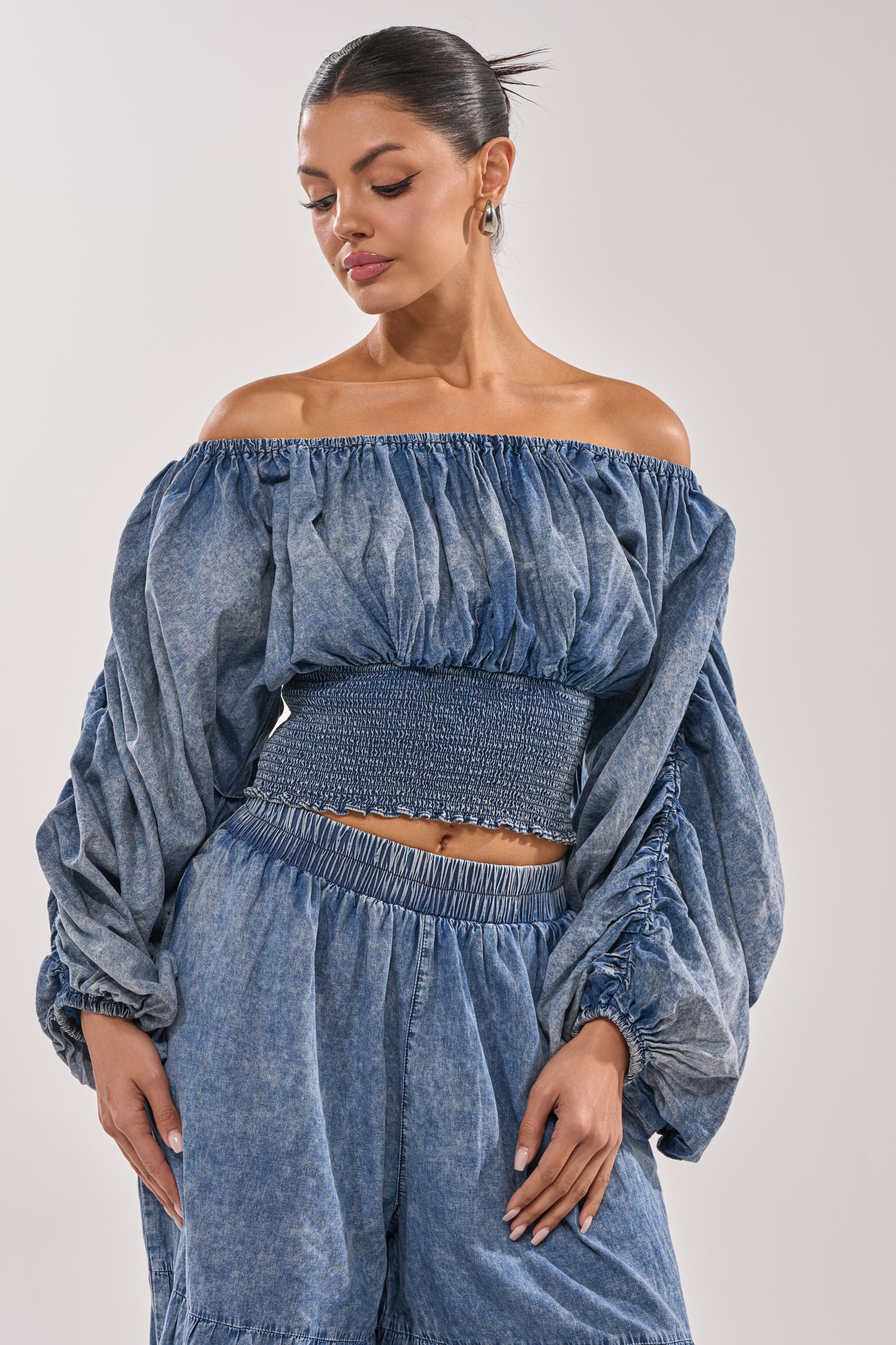 DENIM FOR DAYS OFF THE SHOULDER TOP