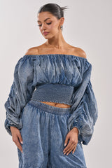 DENIM FOR DAYS OFF THE SHOULDER TOP