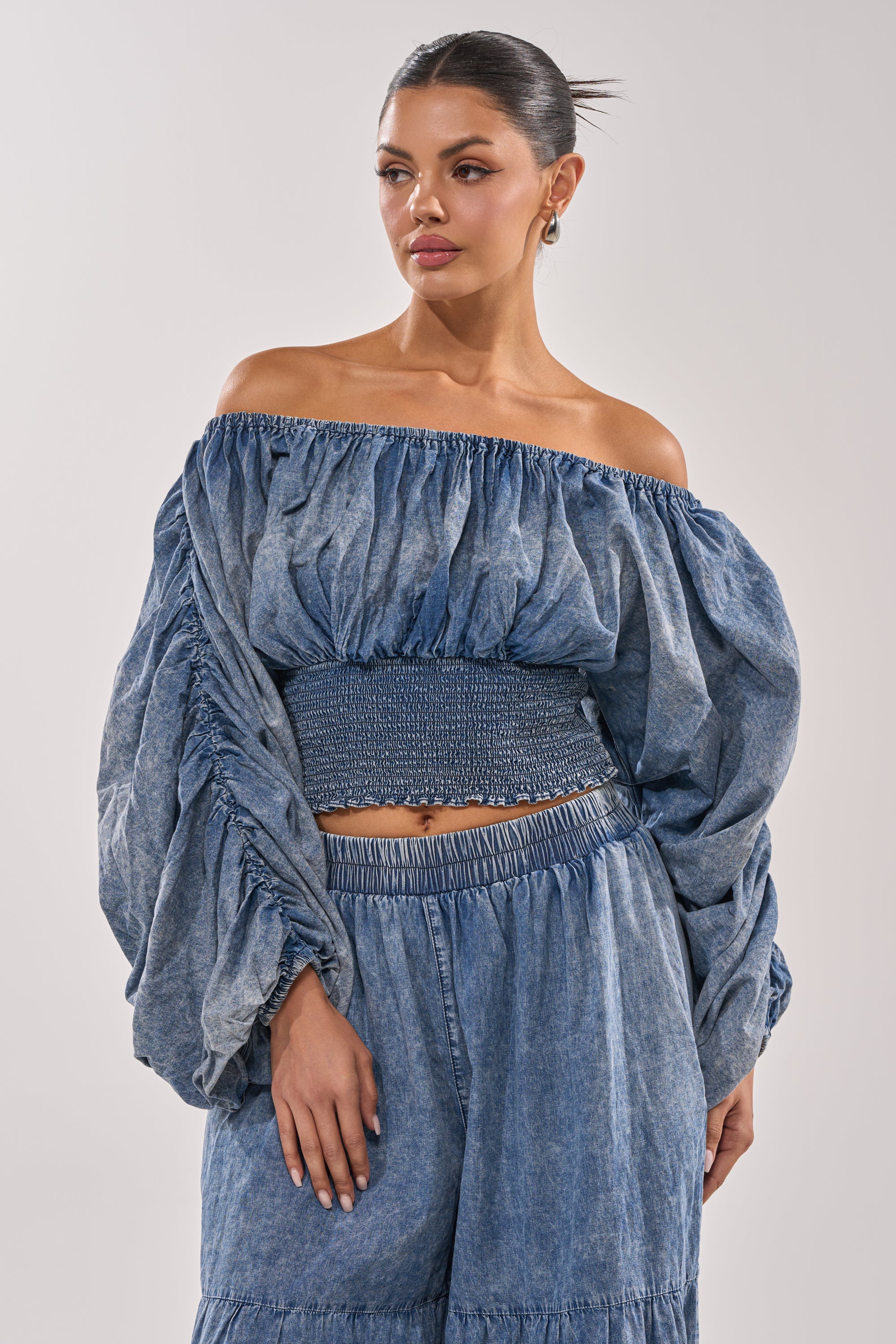 DENIM FOR DAYS OFF THE SHOULDER TOP