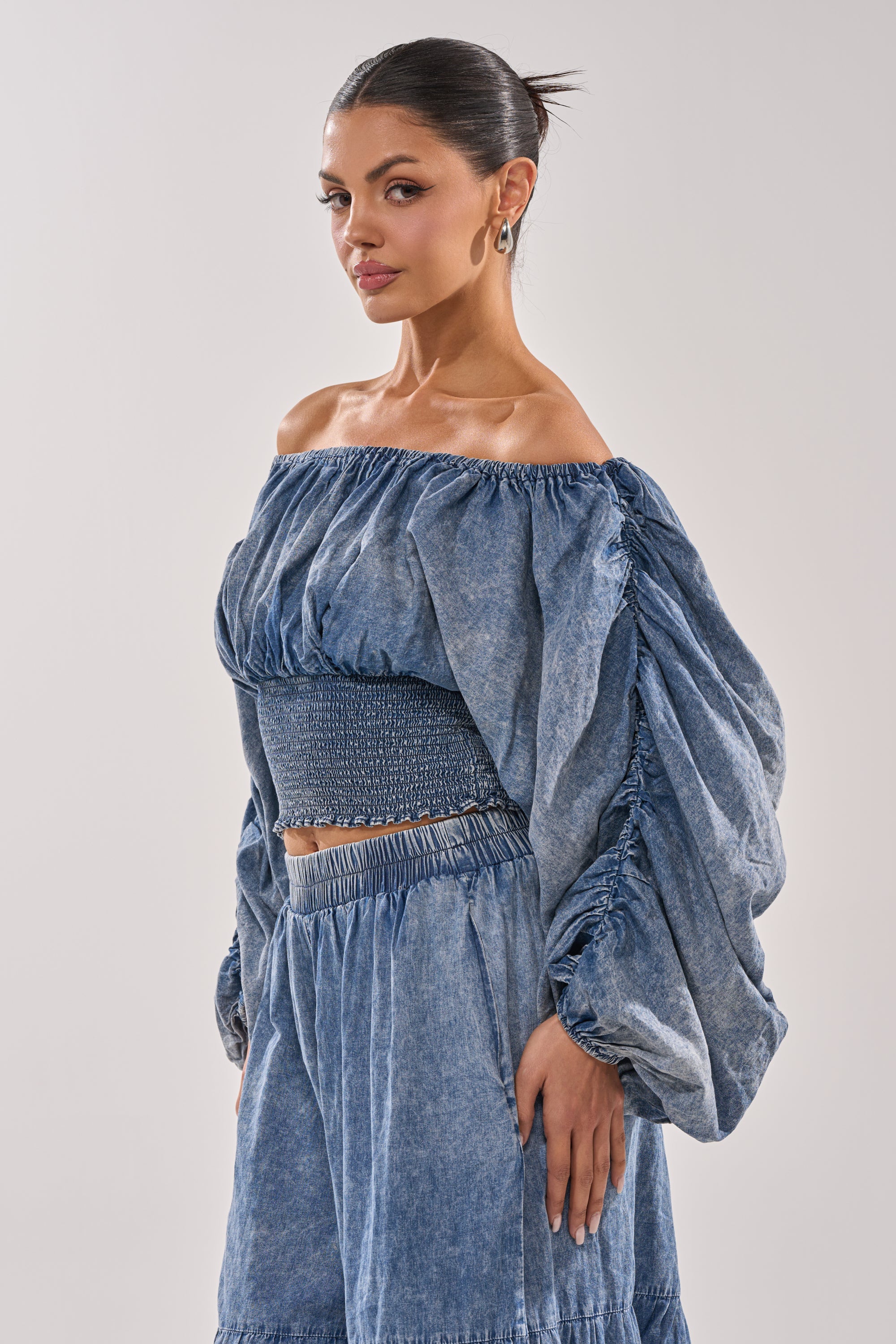 DENIM FOR DAYS OFF THE SHOULDER TOP