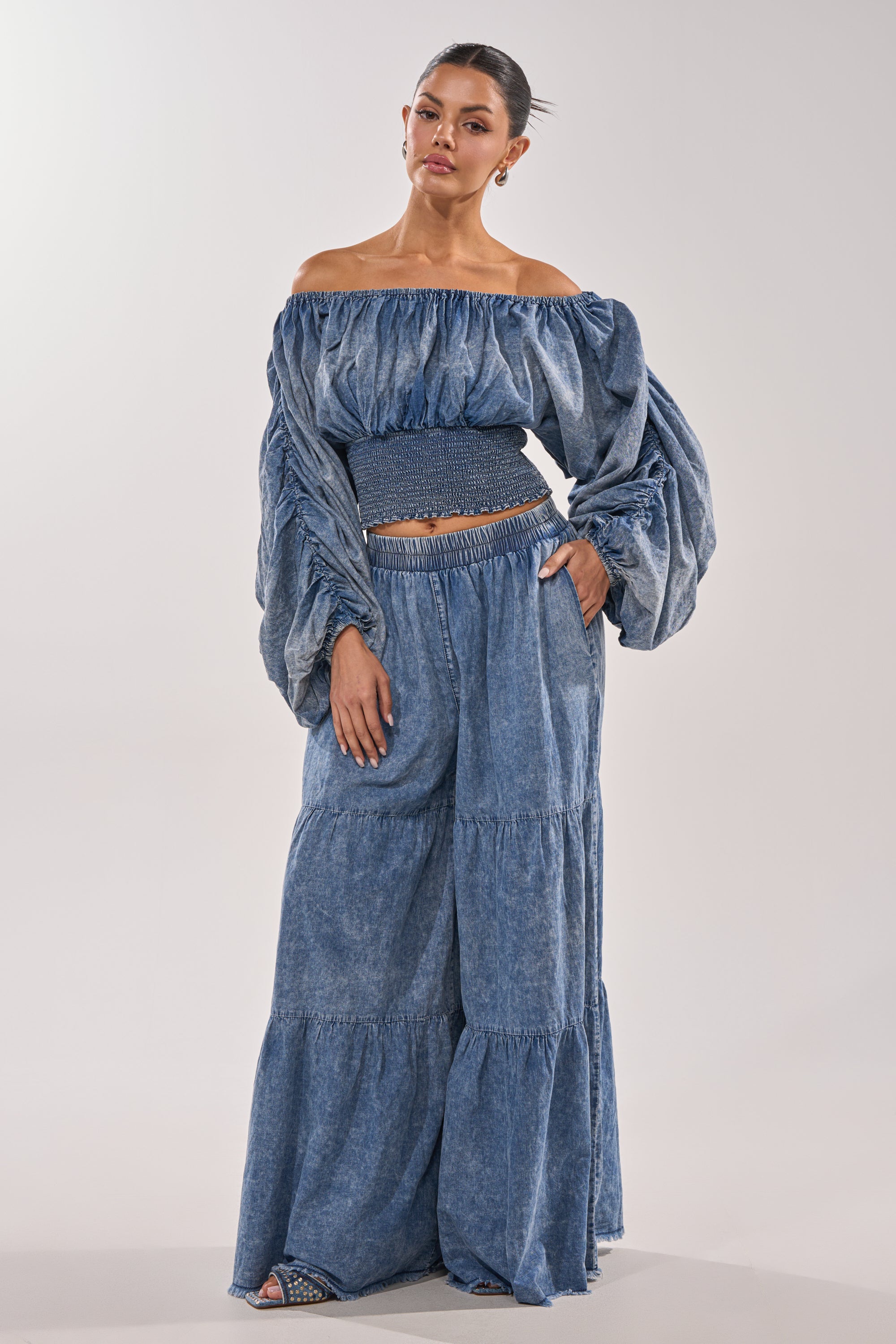 DENIM FOR DAYS OFF THE SHOULDER TOP