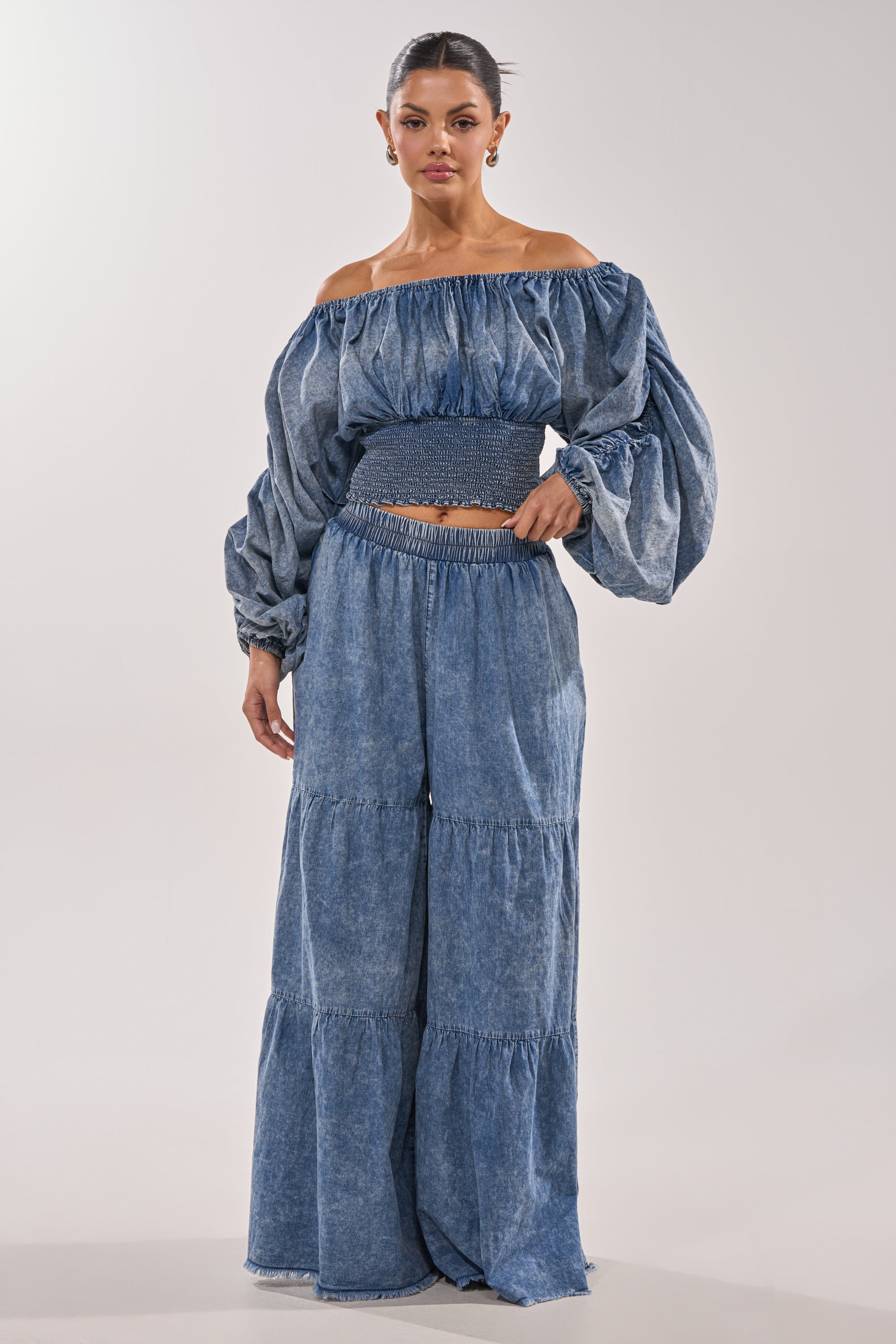 DENIM FOR DAYS OFF THE SHOULDER TOP