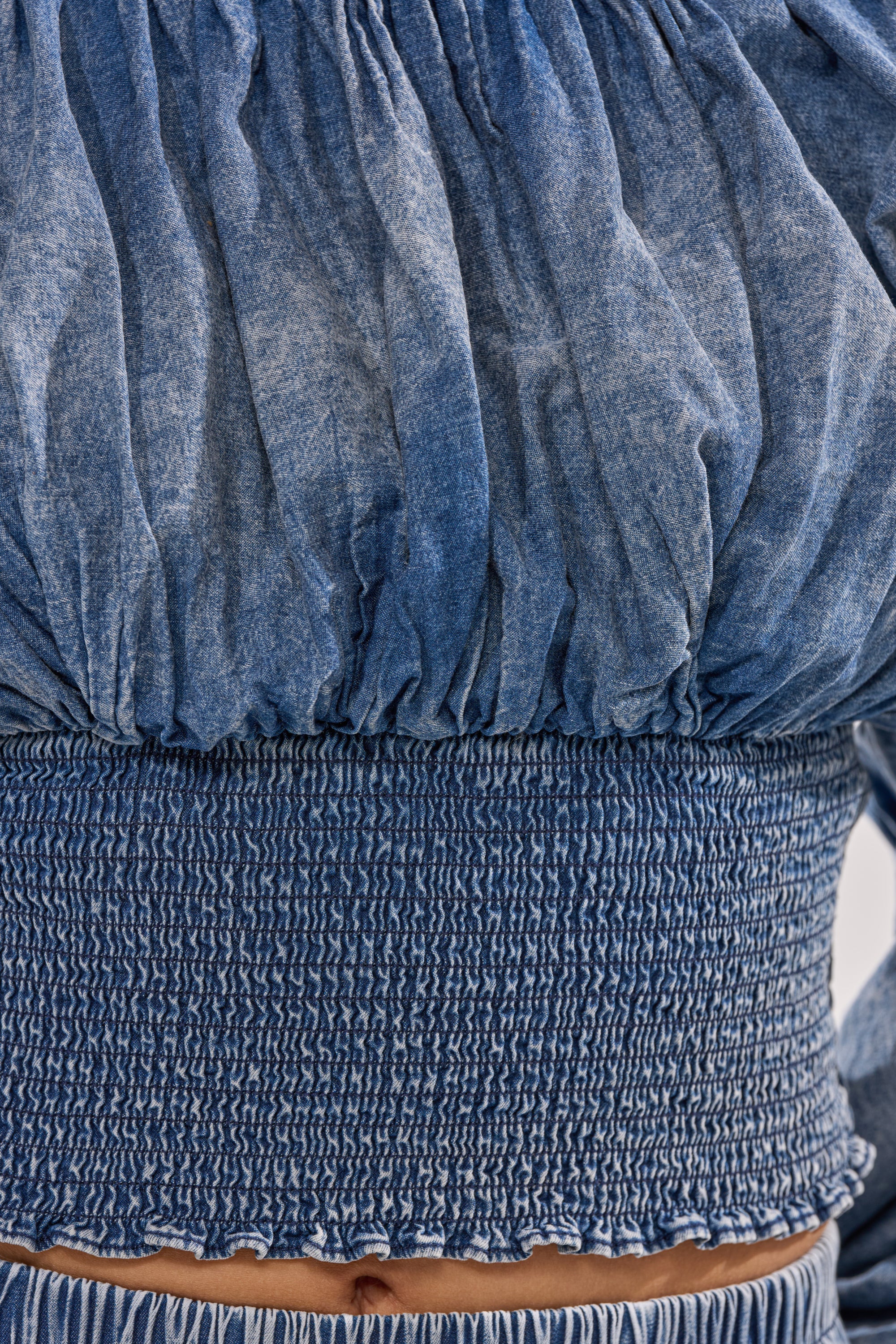 DENIM FOR DAYS OFF THE SHOULDER TOP