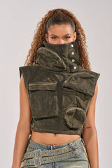 MODEL BEHAVIOR TOP IN DARK OLIVE DENIM