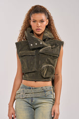MODEL BEHAVIOR TOP IN DARK OLIVE DENIM