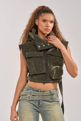 MODEL BEHAVIOR TOP IN DARK OLIVE DENIM
