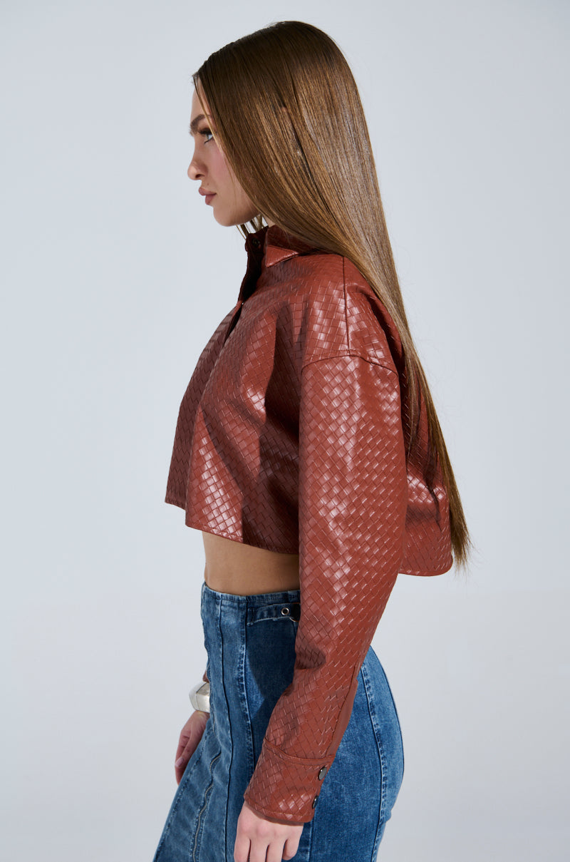 LUXURY GIRL WOVEN PU CROPPED BUTTON UP SHIRT