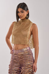 TEARS IN THE CLUB OPEN SIDES MOCK NECK RHINESTONE MESH BLOUSE