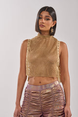 TEARS IN THE CLUB OPEN SIDES MOCK NECK RHINESTONE MESH BLOUSE