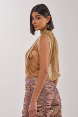 TEARS IN THE CLUB OPEN SIDES MOCK NECK RHINESTONE MESH BLOUSE