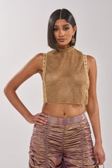 TEARS IN THE CLUB OPEN SIDES MOCK NECK RHINESTONE MESH BLOUSE