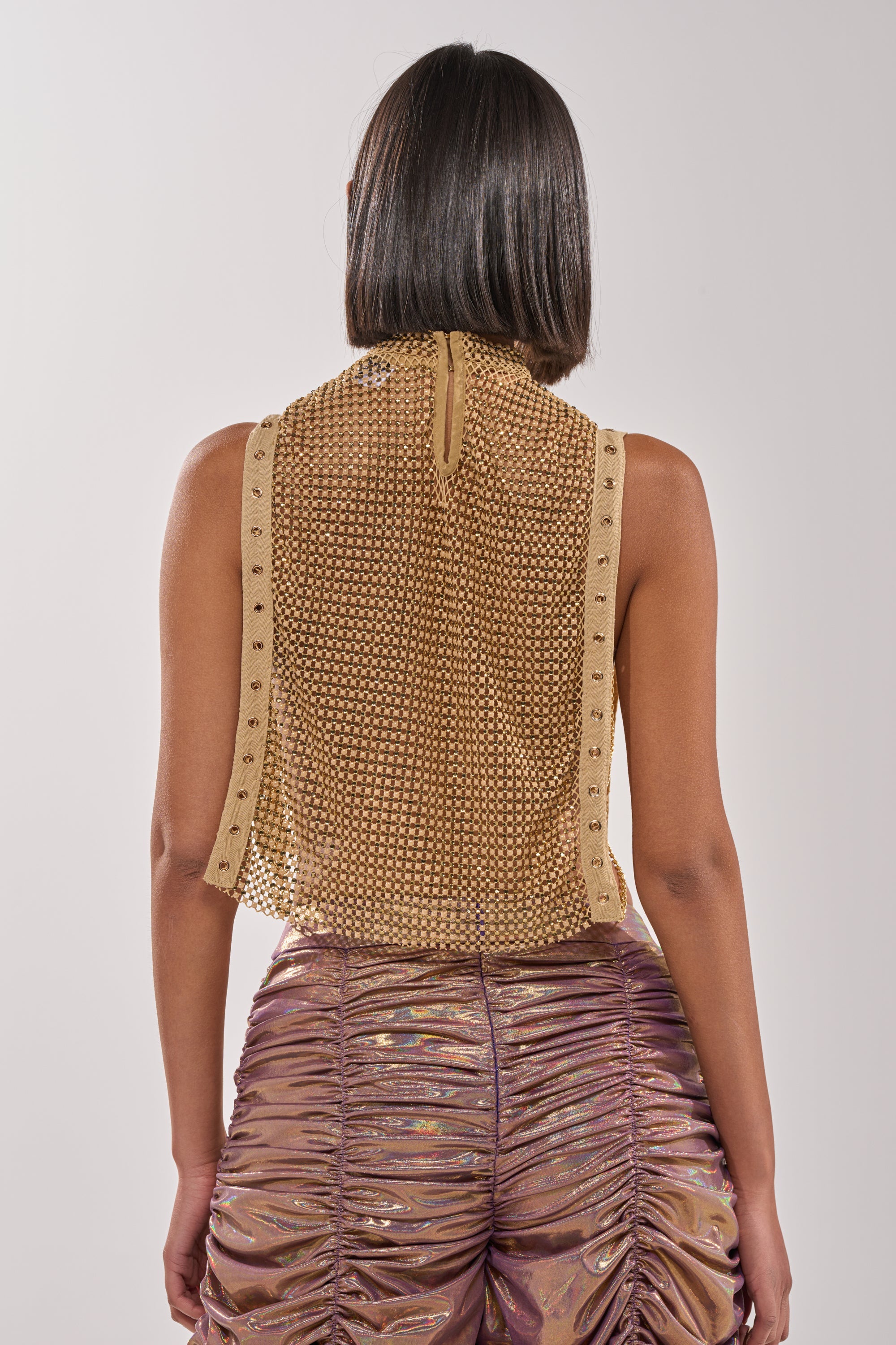 TEARS IN THE CLUB OPEN SIDES MOCK NECK RHINESTONE MESH BLOUSE