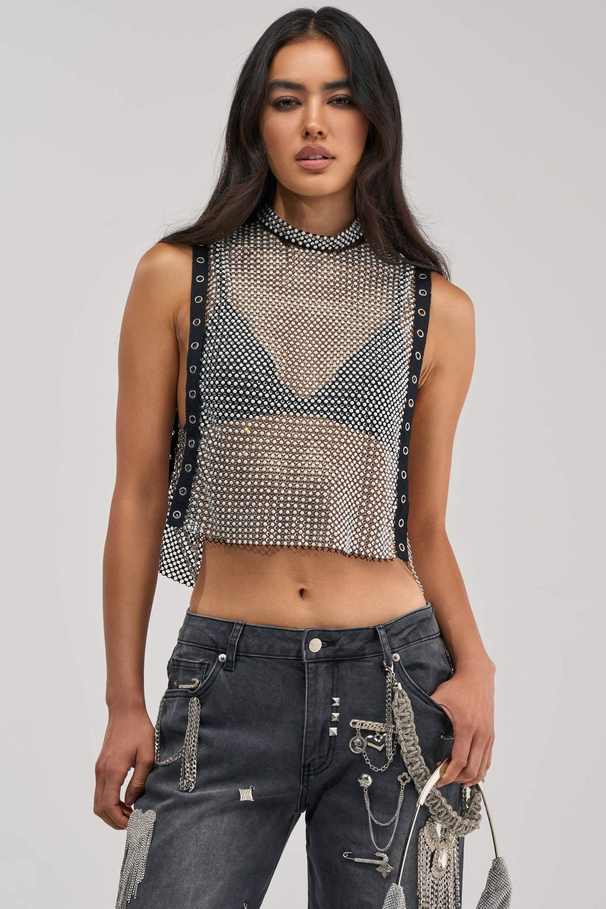 NO CRYING IN THE CLUB RHINESTONE MESH TOP