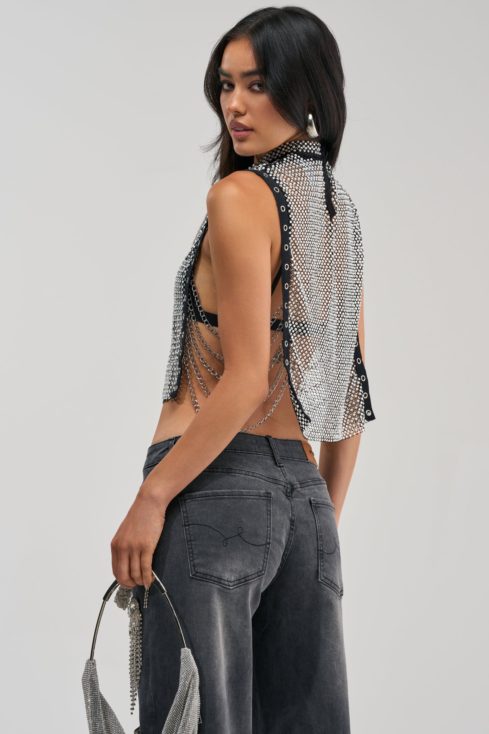 NO CRYING IN THE CLUB RHINESTONE MESH TOP
